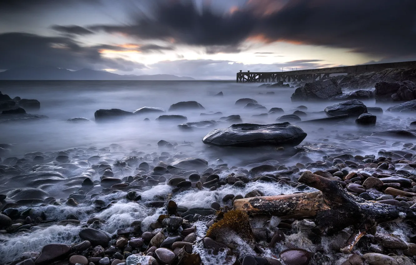 Фото обои Scotland, Long Exposure, Stormy sunset