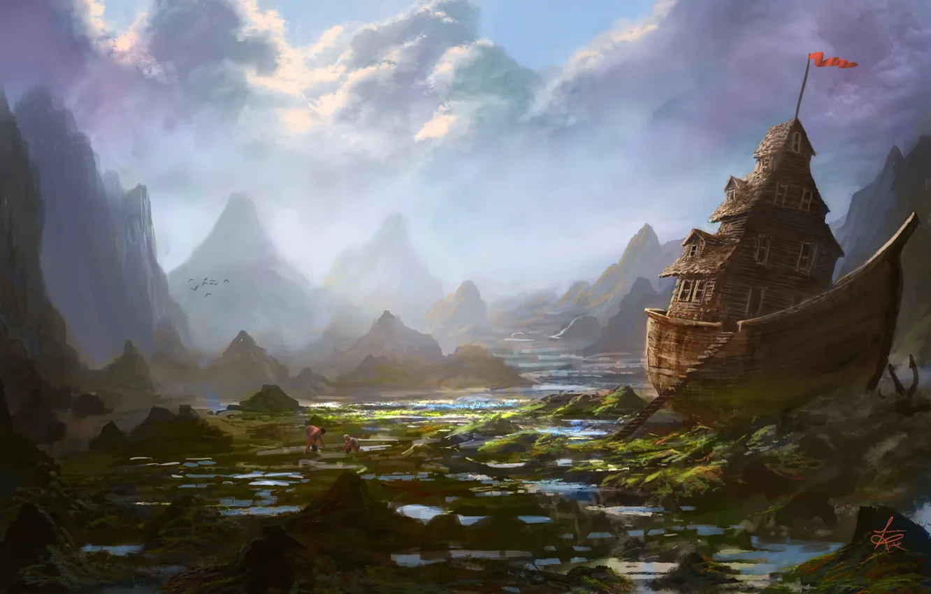 Фото обои горы, дом, люди, корабль, арт, мель