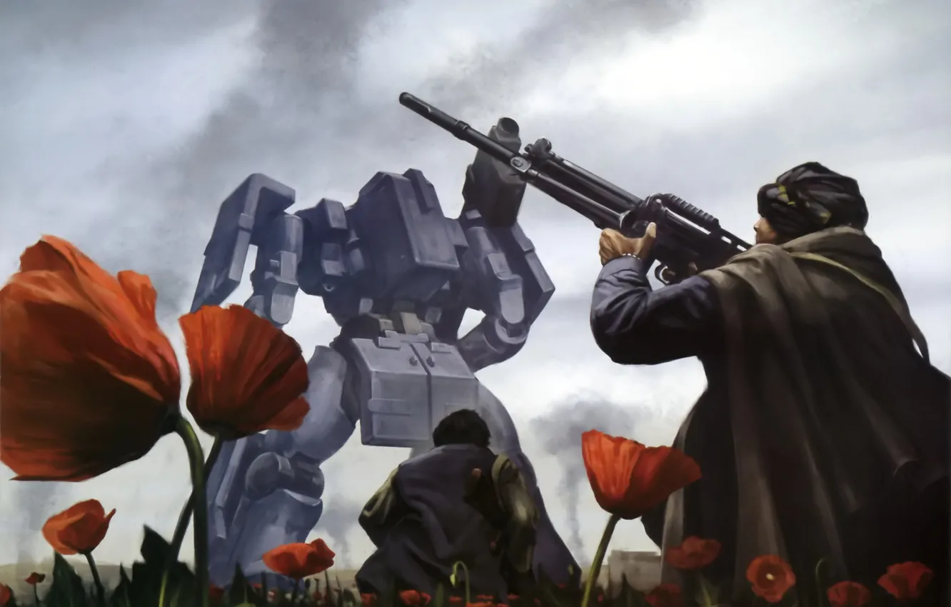 Фото обои поле, цветы, металл, оружие, люди, маки, робот, меха