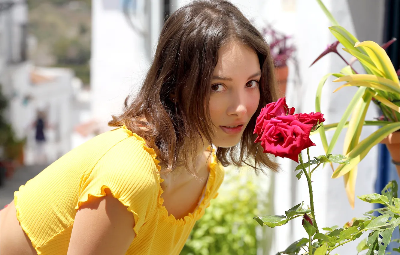 Фото обои model, awesome, brunette, outside, gorgeous, photoshoot, posing, red flower