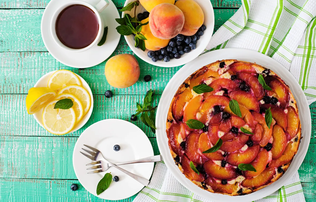Фото обои ягоды, лимон, чай, сладость, фрукты, выпечка, фруктовый пирог