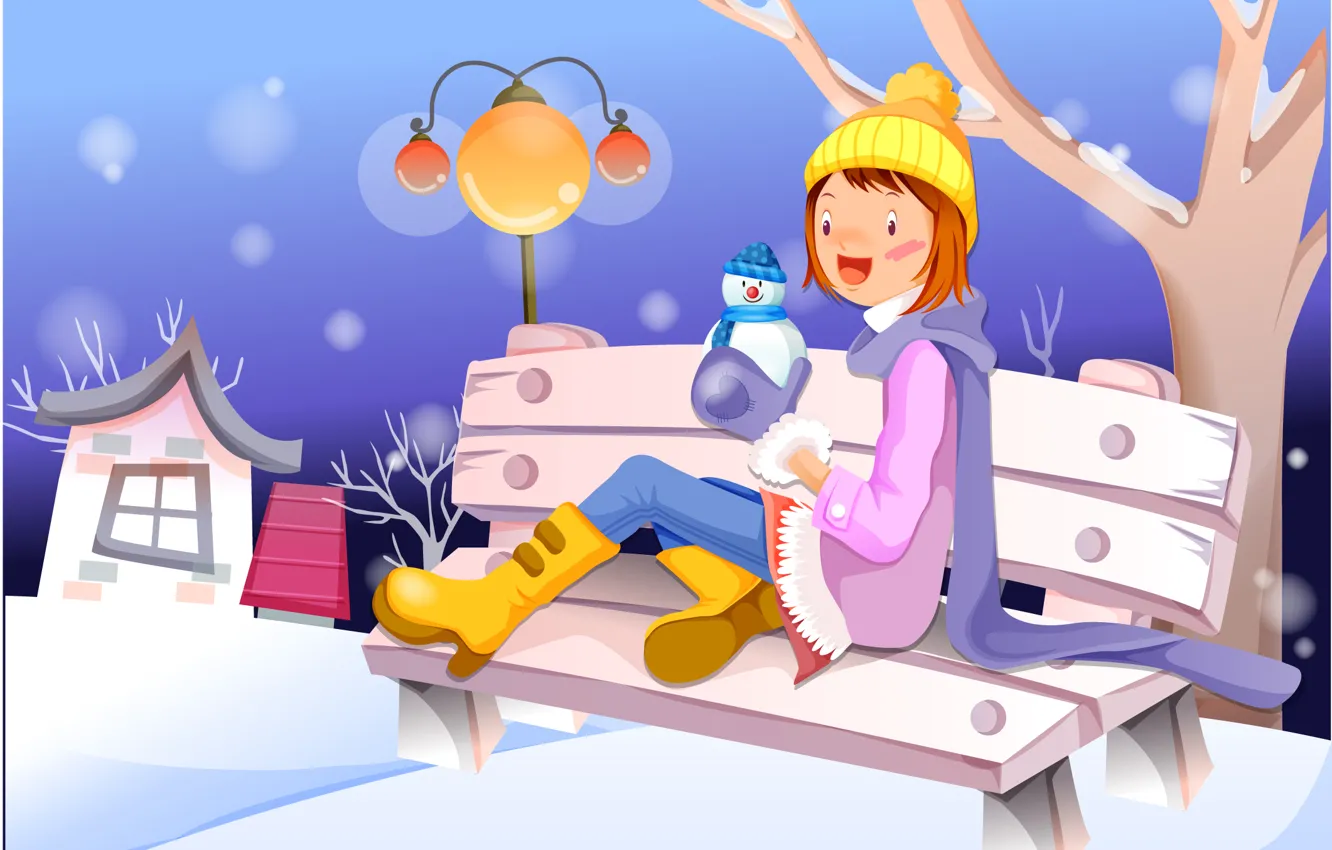 Фото обои зима, девушка, скамейка, дом, дерево, графика, фонарь, снеговик