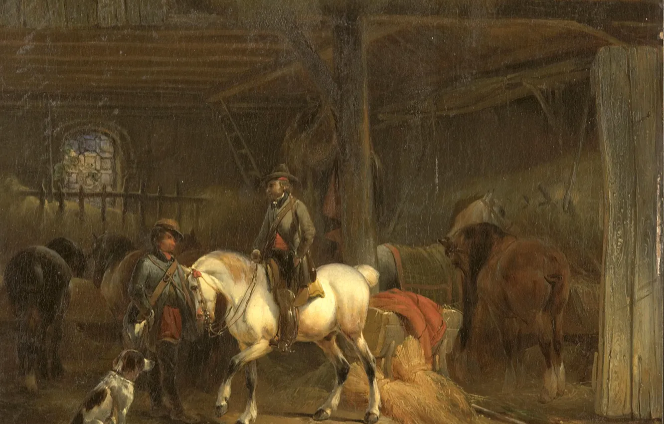 Фото обои животные, дерево, лошадь, масло, собака, картина, Jozef Moerenhout, Конюшня