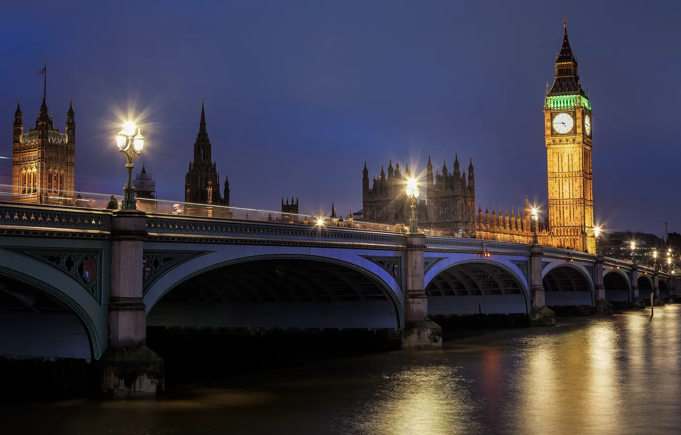 Фото обои дорога, вода, ночь, мост, отражение, река, Англия, Лондон