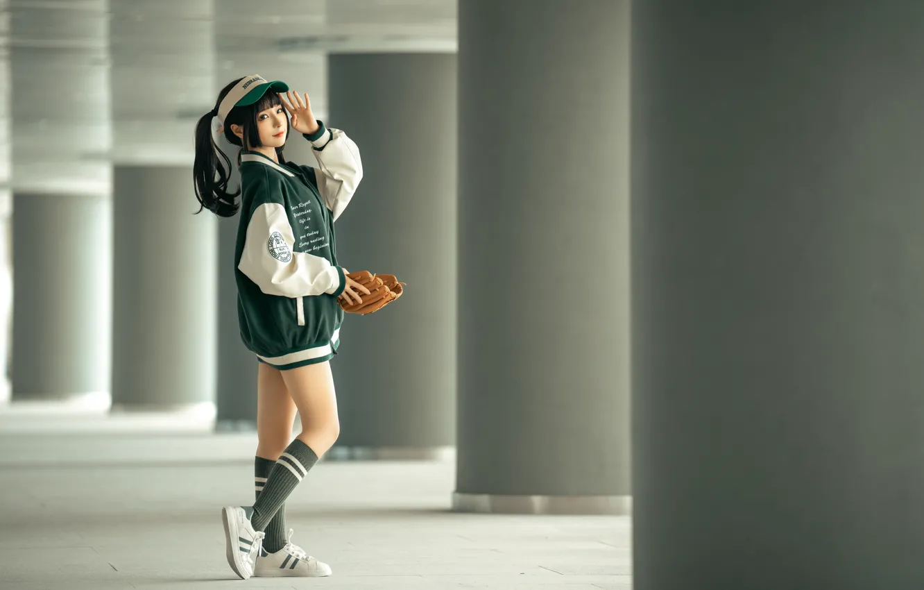 Фото обои Asian, ponytail, women, white shoes, socks, standing, bangs, looking at viewer