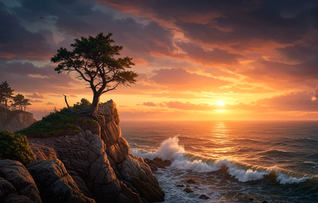Фото обои волны, берег, рисунок, арт, waves, wallpaper, art, shore