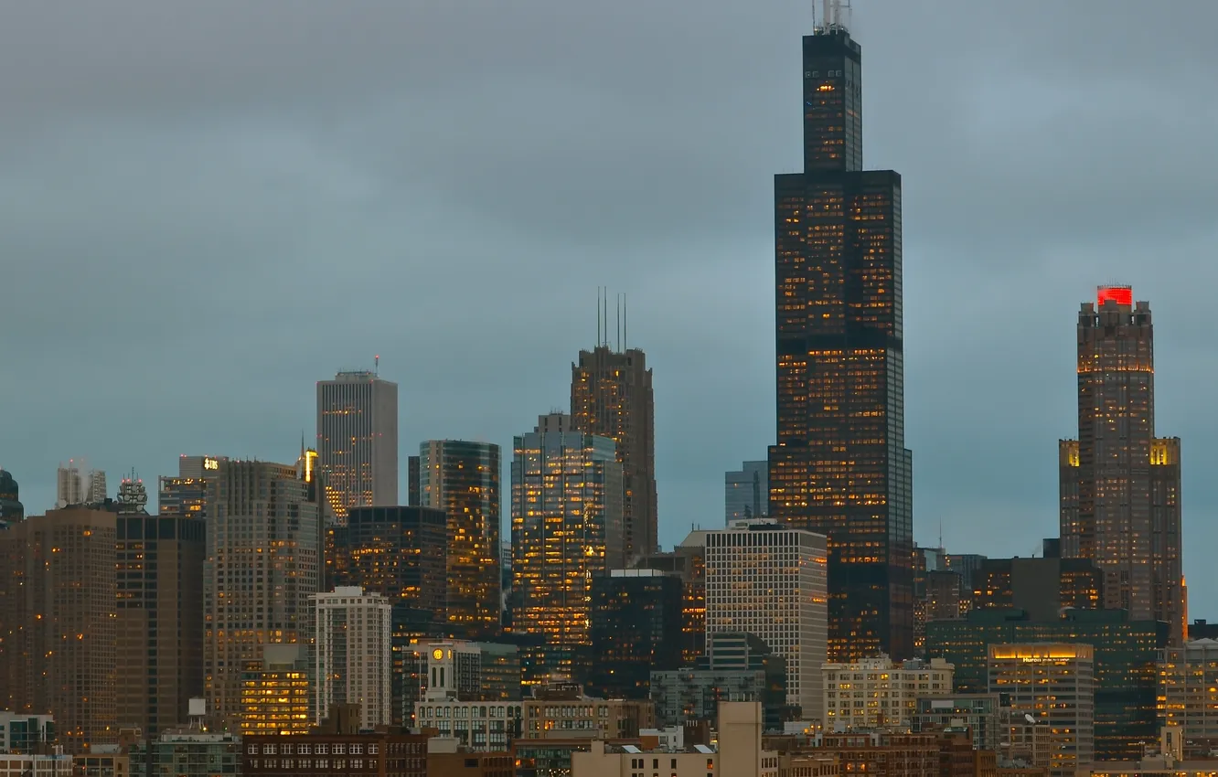 Фото обои город, небоскребы, вечер, Чикаго, США, Иллиноис