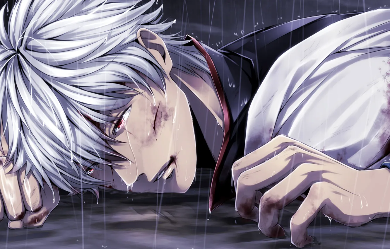 Фото обои дождь, кровь, порез, парень, Gintama, Sakata Gintoki