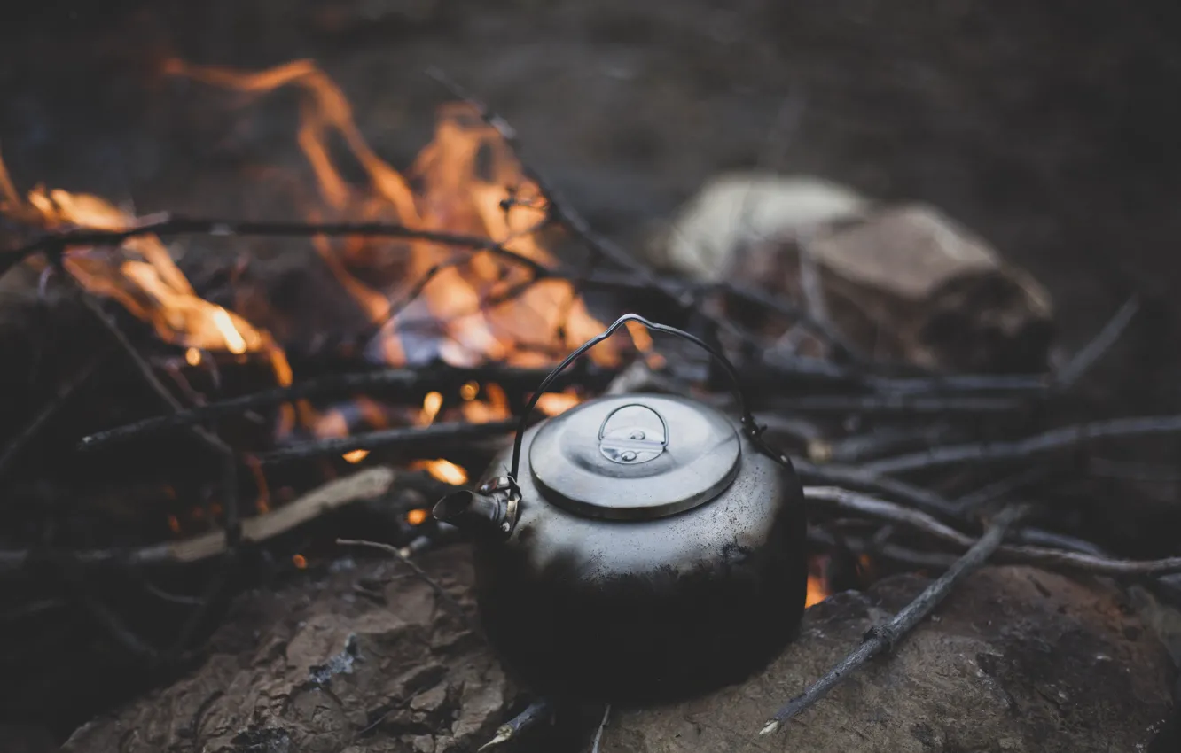 Фото обои ветки, природа, темный фон, камни, огонь, пламя, чай, чайник