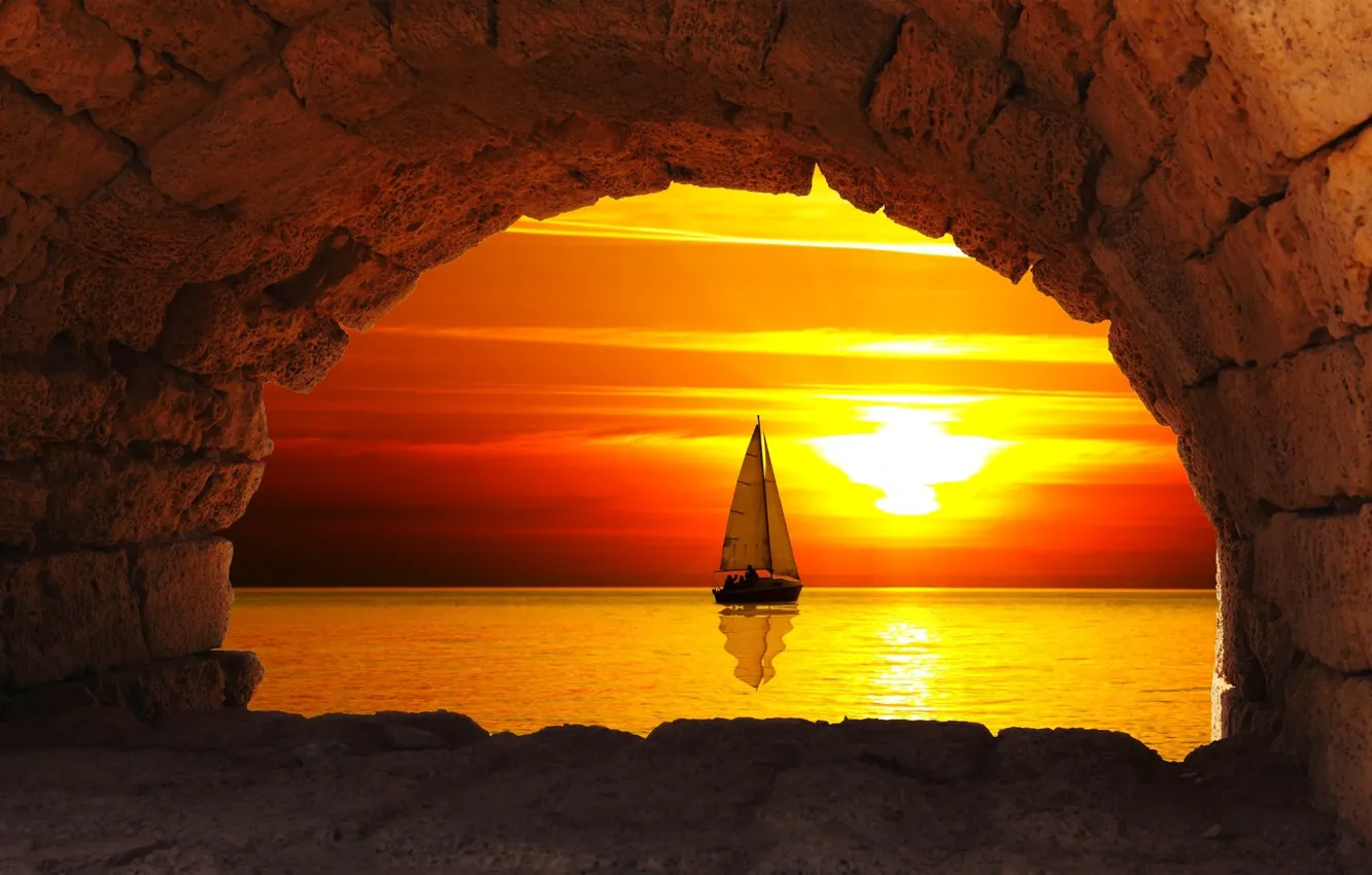 Фото обои море, солнце, арка, парус