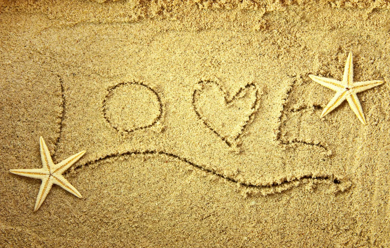 Фото обои песок, любовь, сердце, звезда, love, слова