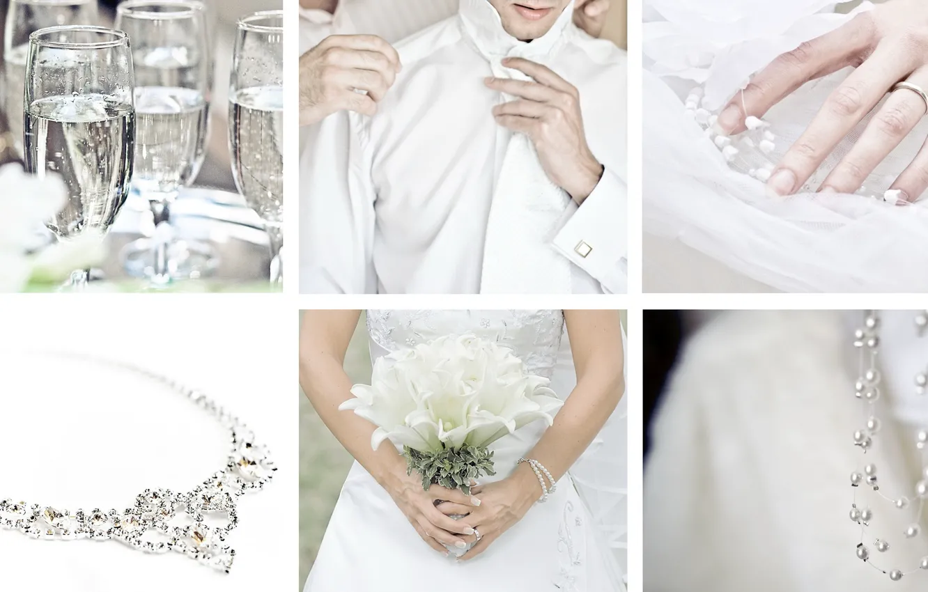 Фото обои белый, праздник, коллаж, бокалы, украшение, невеста, свадьба, жених