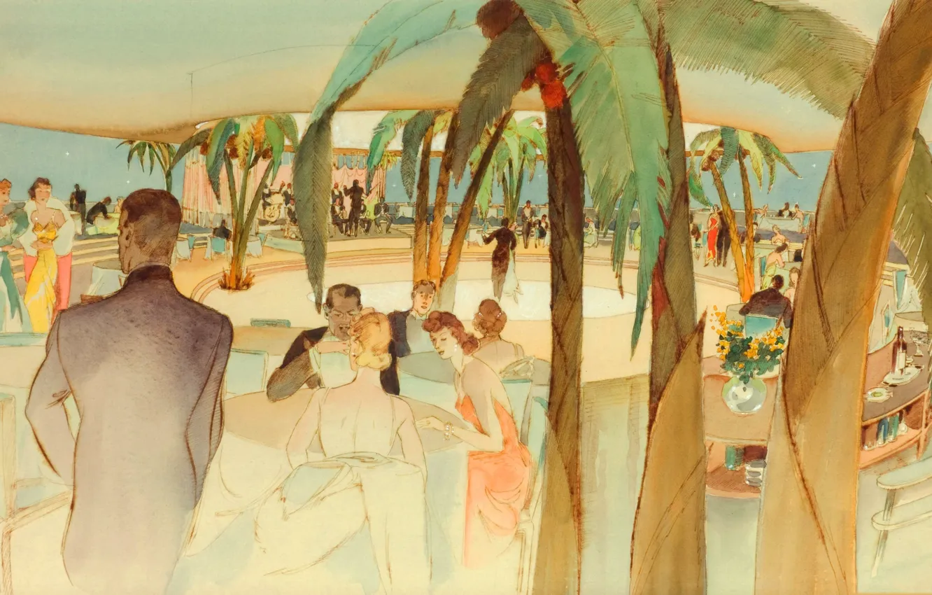Фото обои пальма, люди, рисунок, кафе, иллюстрация