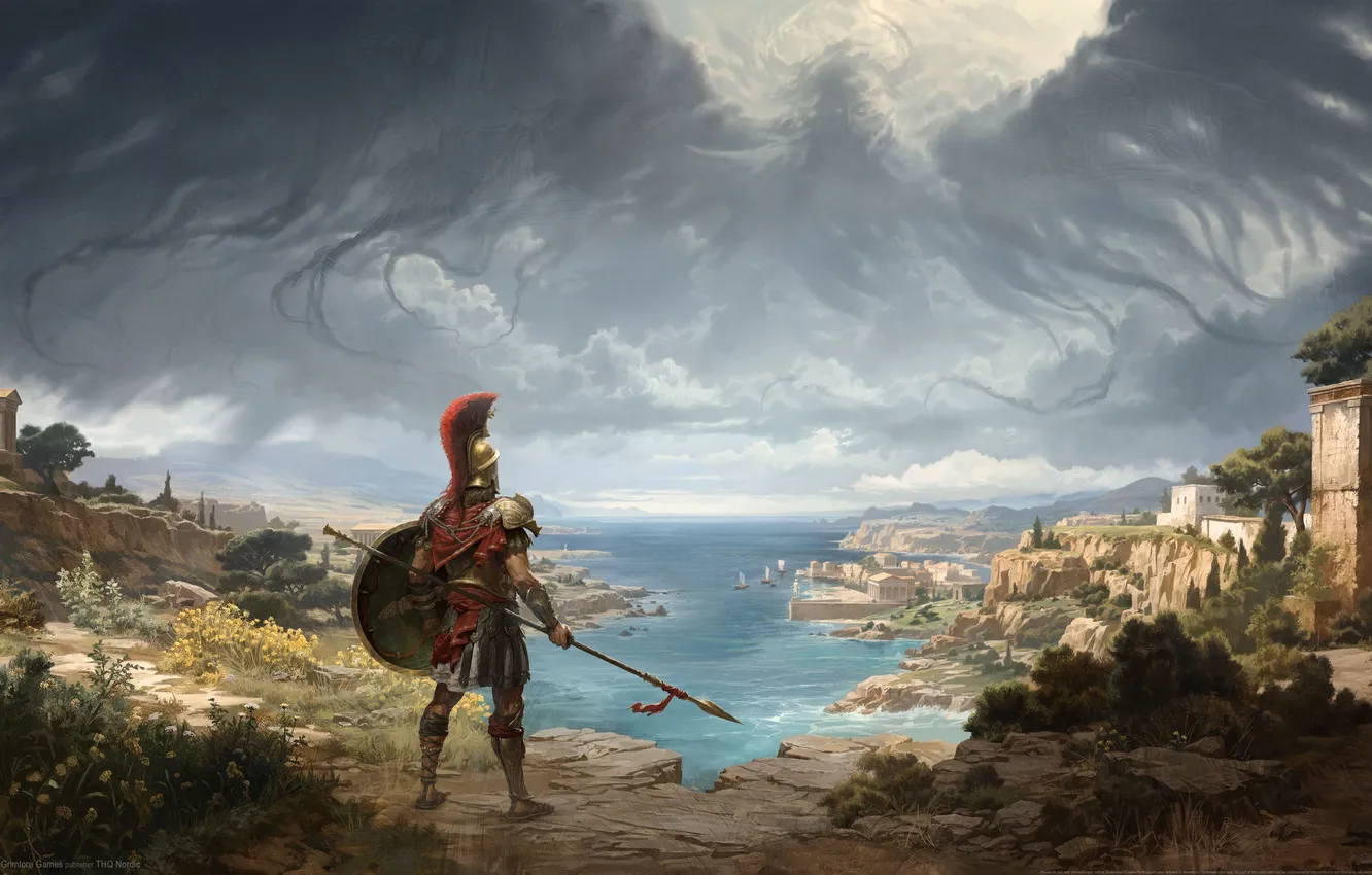 Фото обои armor, sea, wings, clouds, Titan Quest, shield, Greece, spear