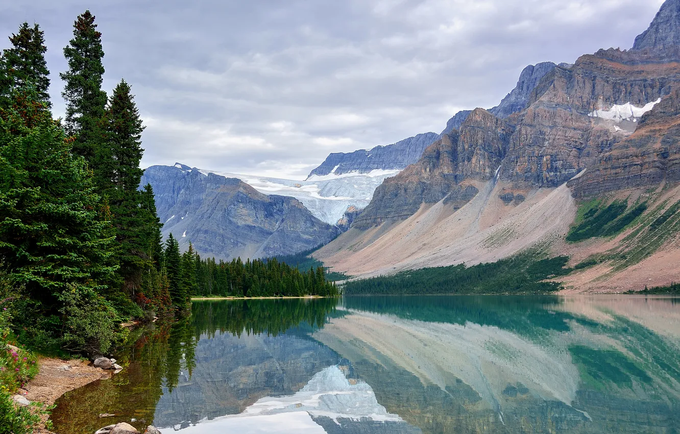 Фото обои снег, деревья, горы, озеро, отражение