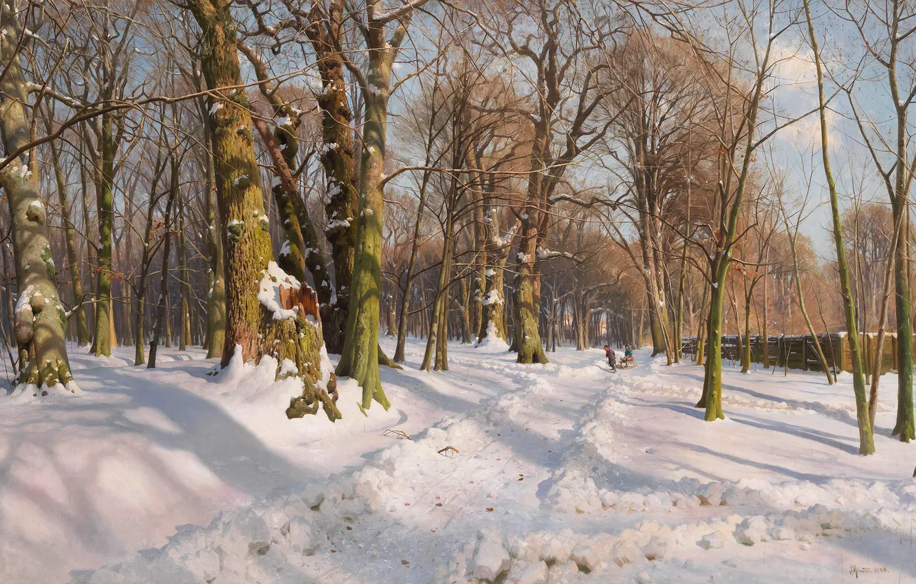 Фото обои зима, лес, снег, деревья, дети, парк, забор, картина