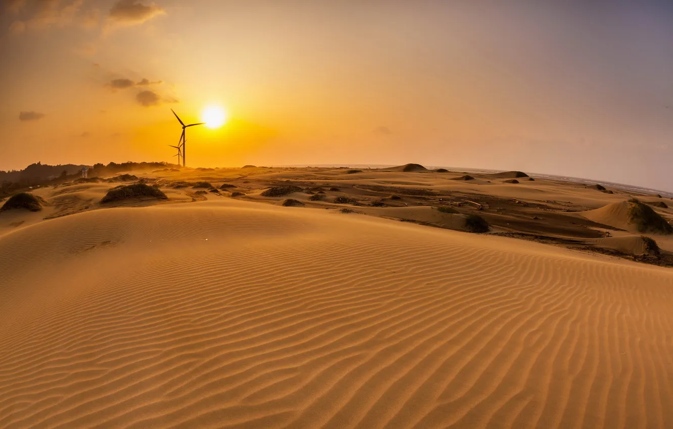 Фото обои пейзаж, закат, пустыня, ветряки