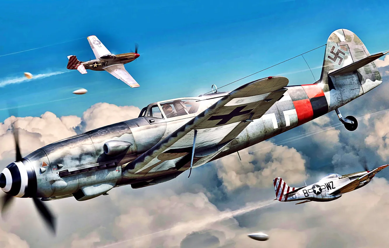 Фото обои P-51D, Bf.109G-10, боевой самолёт, подвесной топливный бак, 1./KG(J)6, 31st FG, 308th FS, Март-Апрель 1945
