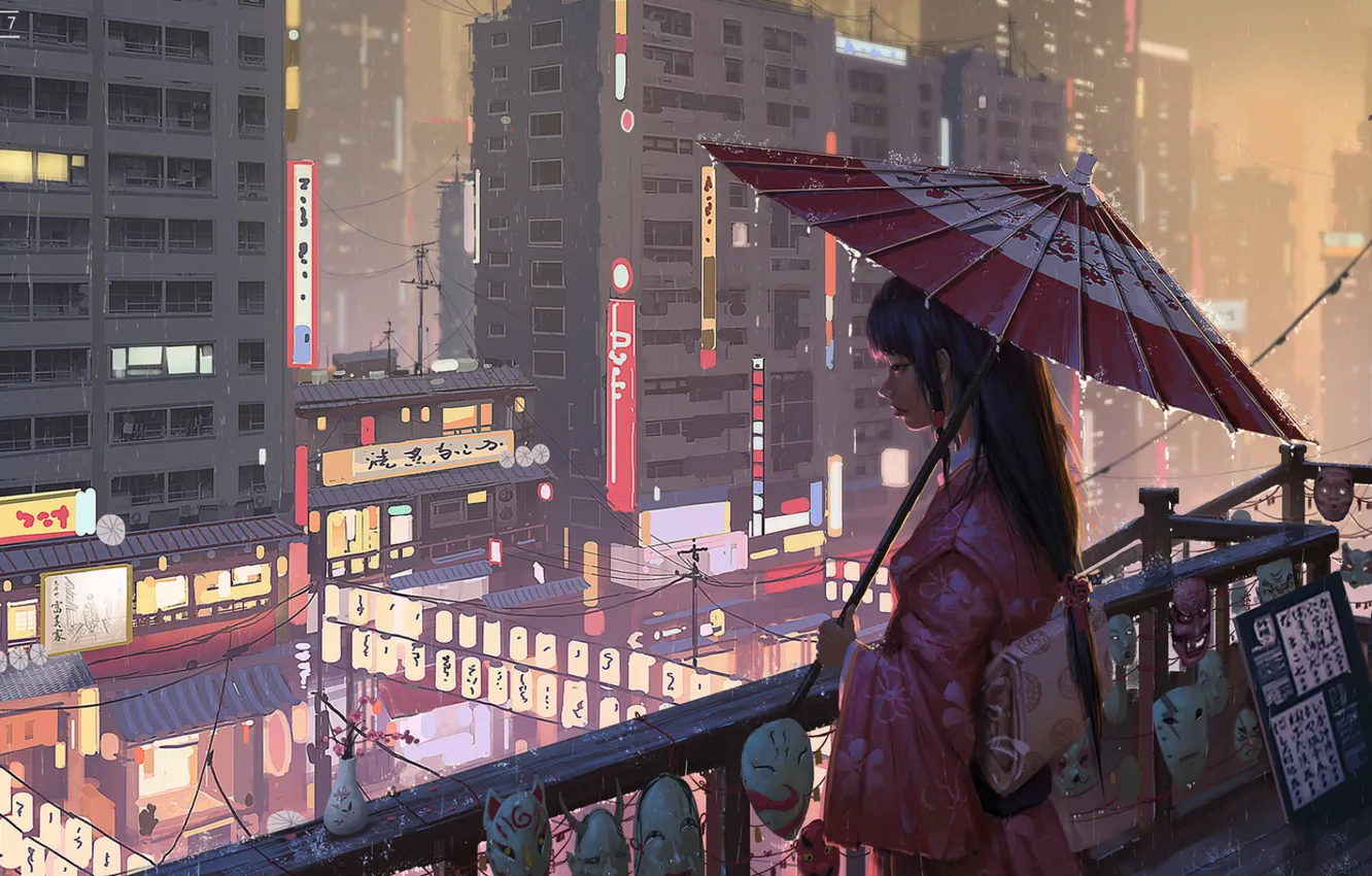 Фото обои зонт, Япония, фонари, гейша, вывески, кимоно, маски, мегаполис
