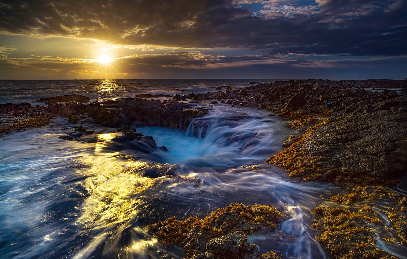 Фото обои закат, океан, побережье, Гавайи, Pacific Ocean, Hawaii, Тихий океан, Побережье Кона