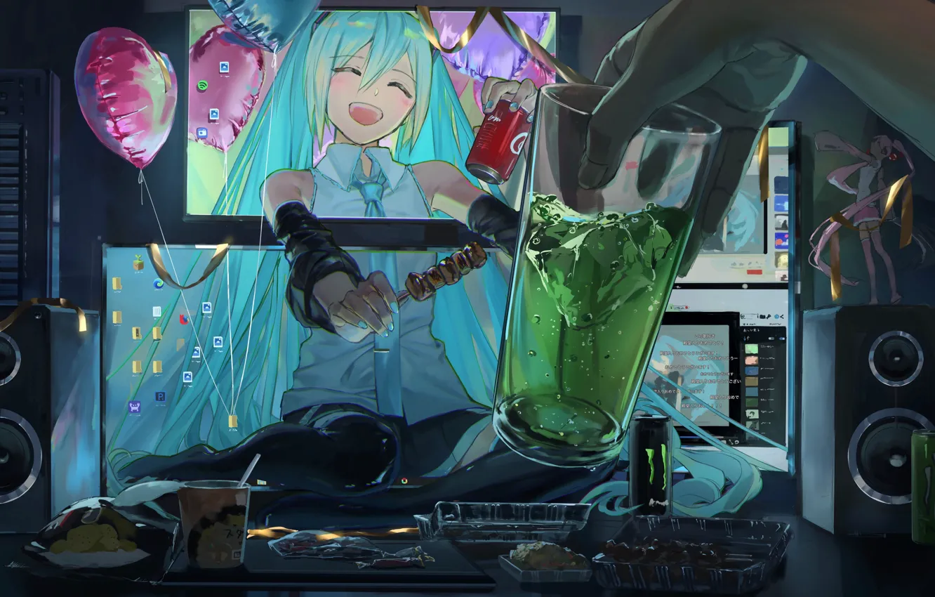 Фото обои компьютер, воздушные шары, колонки, галстук, монитор, напиток, vocaloid, Hatsune Miku