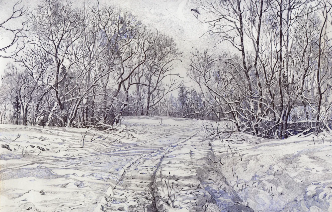 Фото обои деревья, Зима, зимний лес, зимняя дорога, зимний полдень, penart, malyshev roman, творчество пера