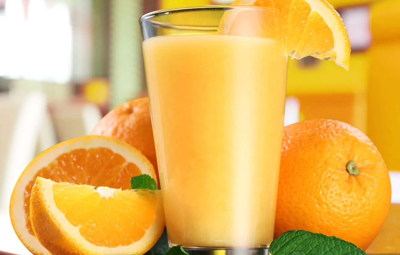 Фото обои апельсины, мята, дольки, апельсиновый сок