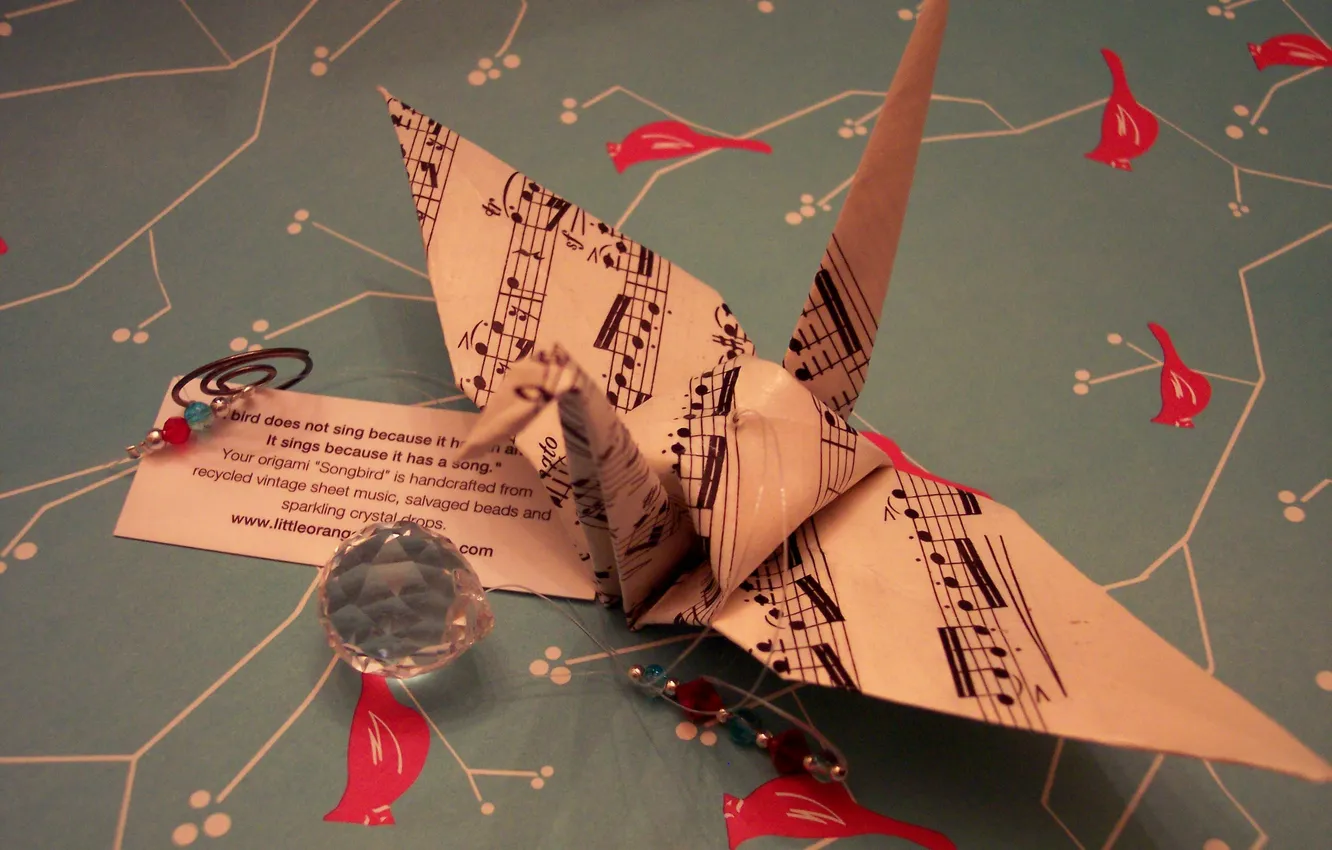 Фото обои ноты, оригами, певчая птица