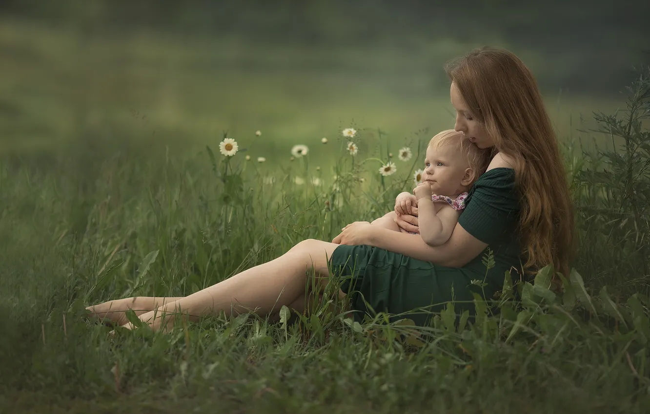 Фото обои лето, трава, цветы, природа, женщина, ромашки, малыш, мама