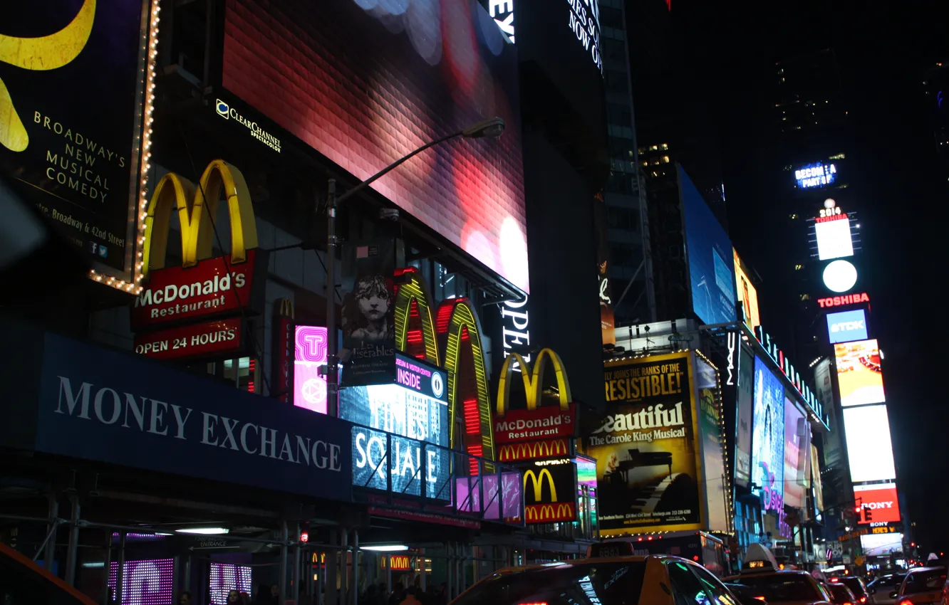 Фото обои ночь, город, Нью-Йорк, такси, Макдональдс, таймс сквер, NYC, New York City