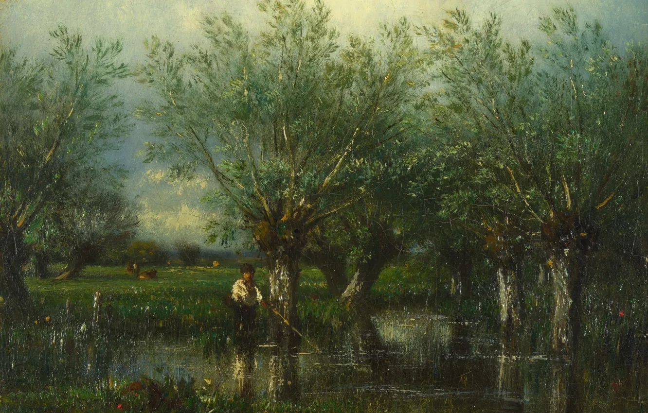 Фото обои пейзаж, картина, Jules-Louis Dupre, Ивы и Рыбак, Жюль Дюпре