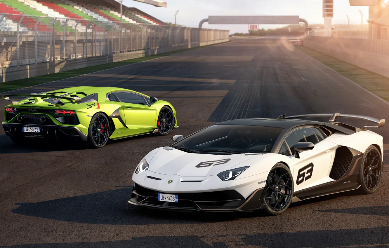 Фото обои Lamborghini, пара, суперкар, гоночный трек, 2018, Aventador, Aventador SVJ, SVJ 63