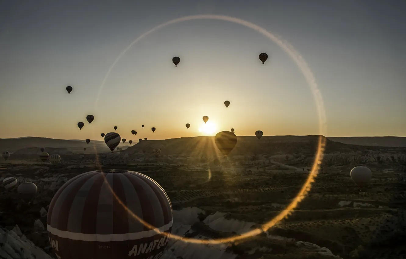 Фото обои пейзаж, закат, воздушные шары, пустыня
