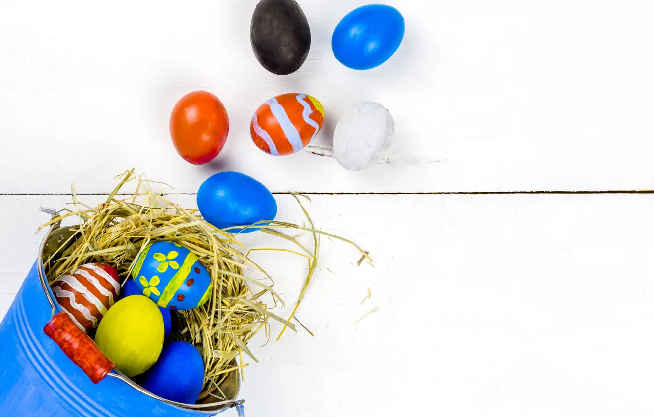 Фото обои праздник, яйца, пасха, гнездо, ведро, солома, Easter, eggs