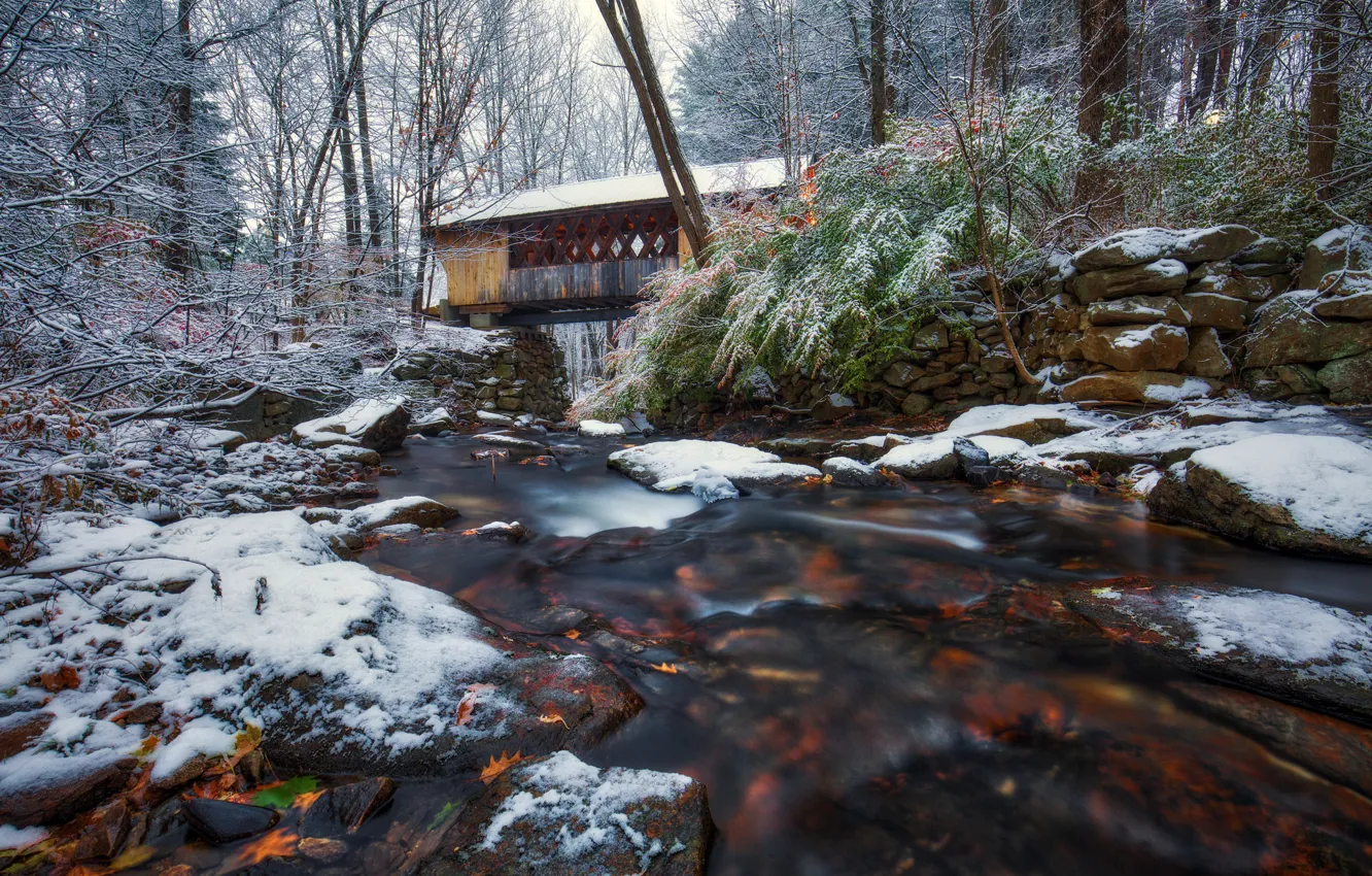 Фото обои осень, снег, деревья, мост, река, New Hampshire, Нью-Хэмпшир, Гилфорд