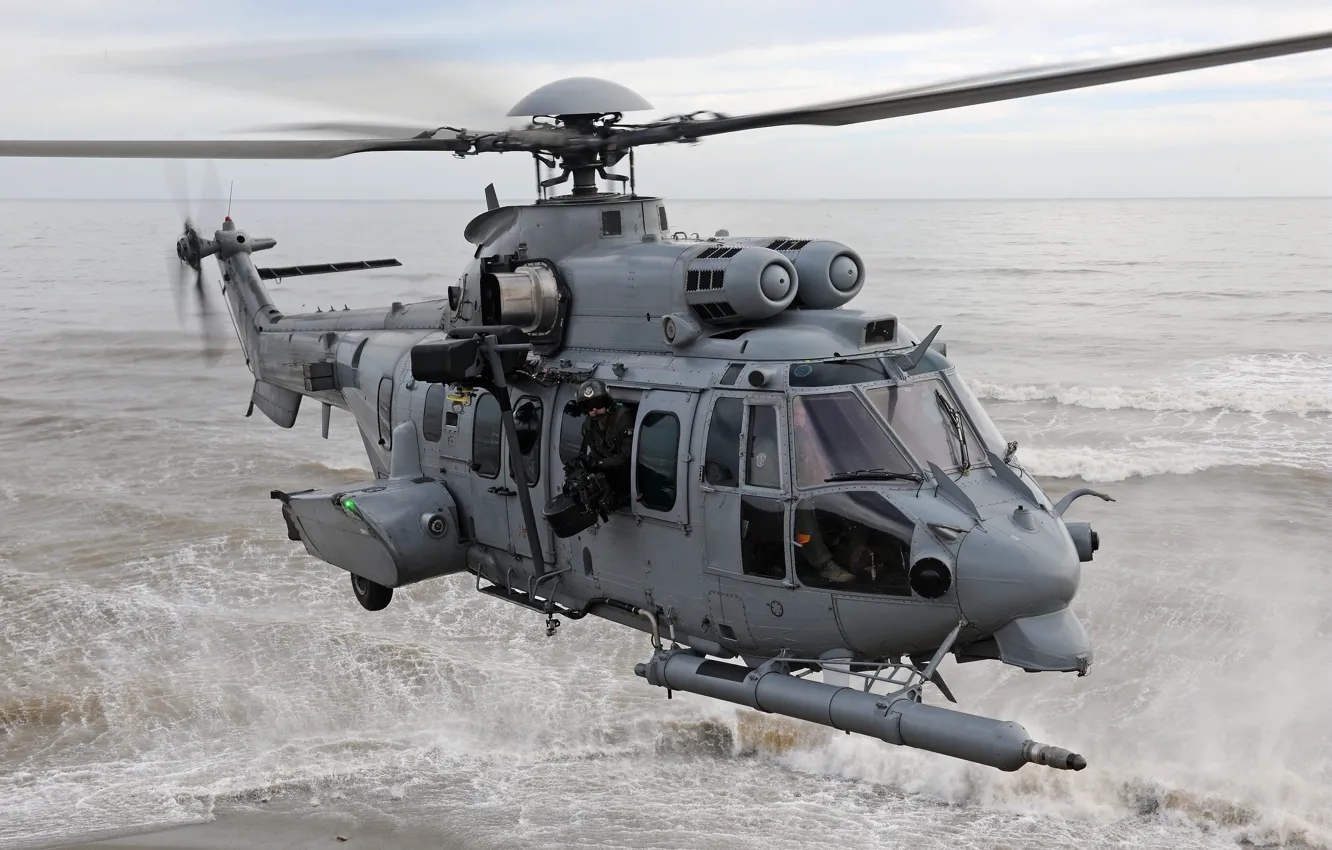 Фото обои Волны, Вертолет, Пена, ВВС Франции, Airbus Helicopters, Armée de l'Air, H225, Airbus Helicopters H225M
