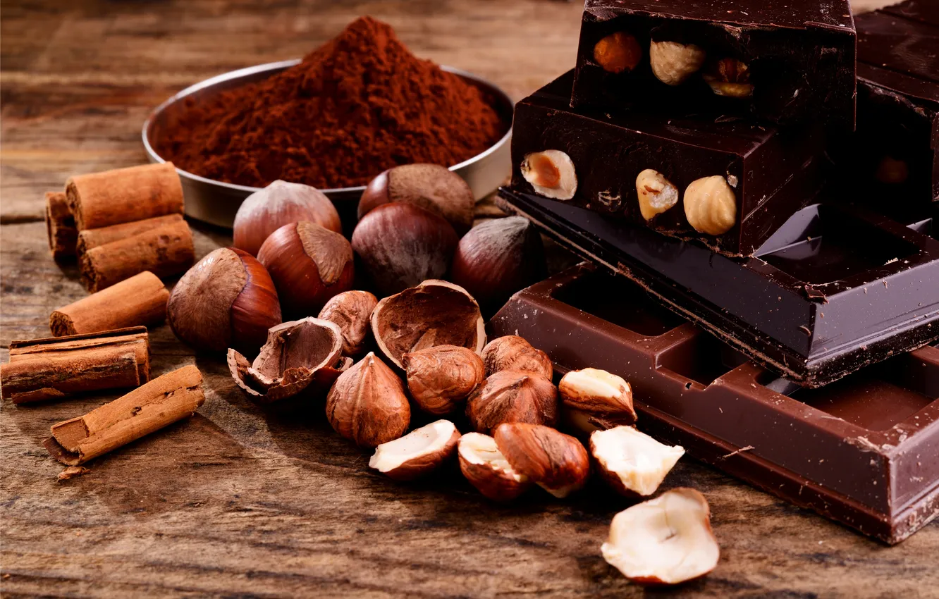 Фото обои плитка, шоколад, сладости, орехи, корица, chocolate, фундук, какао