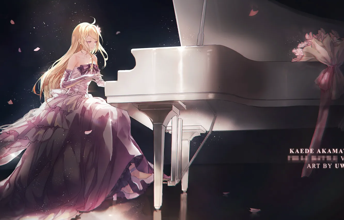 Фото обои девушка, аниме, Блондинка, платье, пианино, Danganronpa