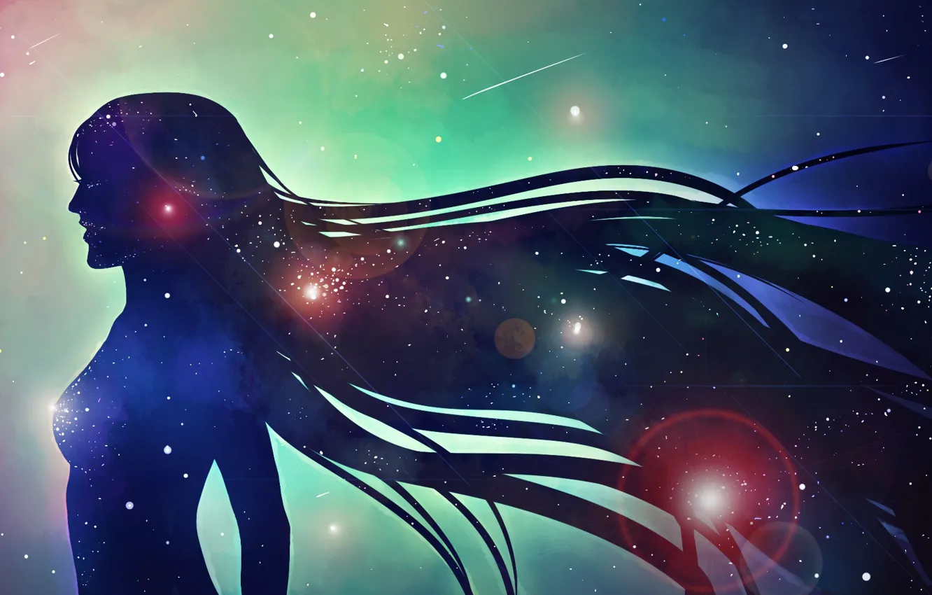 Фото обои девушка, космос, звезды, силуэт, профиль, длинные волосы