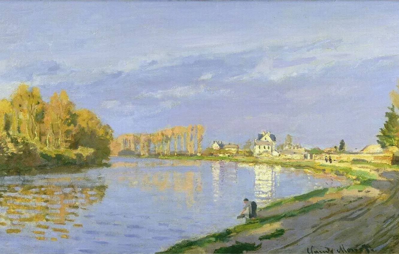 Фото обои пейзаж, река, картина, Клод Моне, Сена возле Буживаля