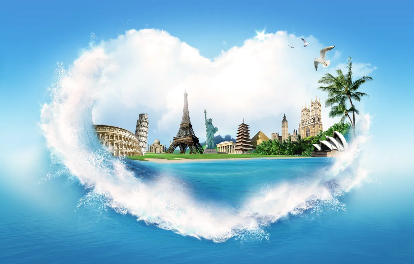 Фото обои море, вода, брызги, пальмы, креатив, берег, сердце, эйфелева башня