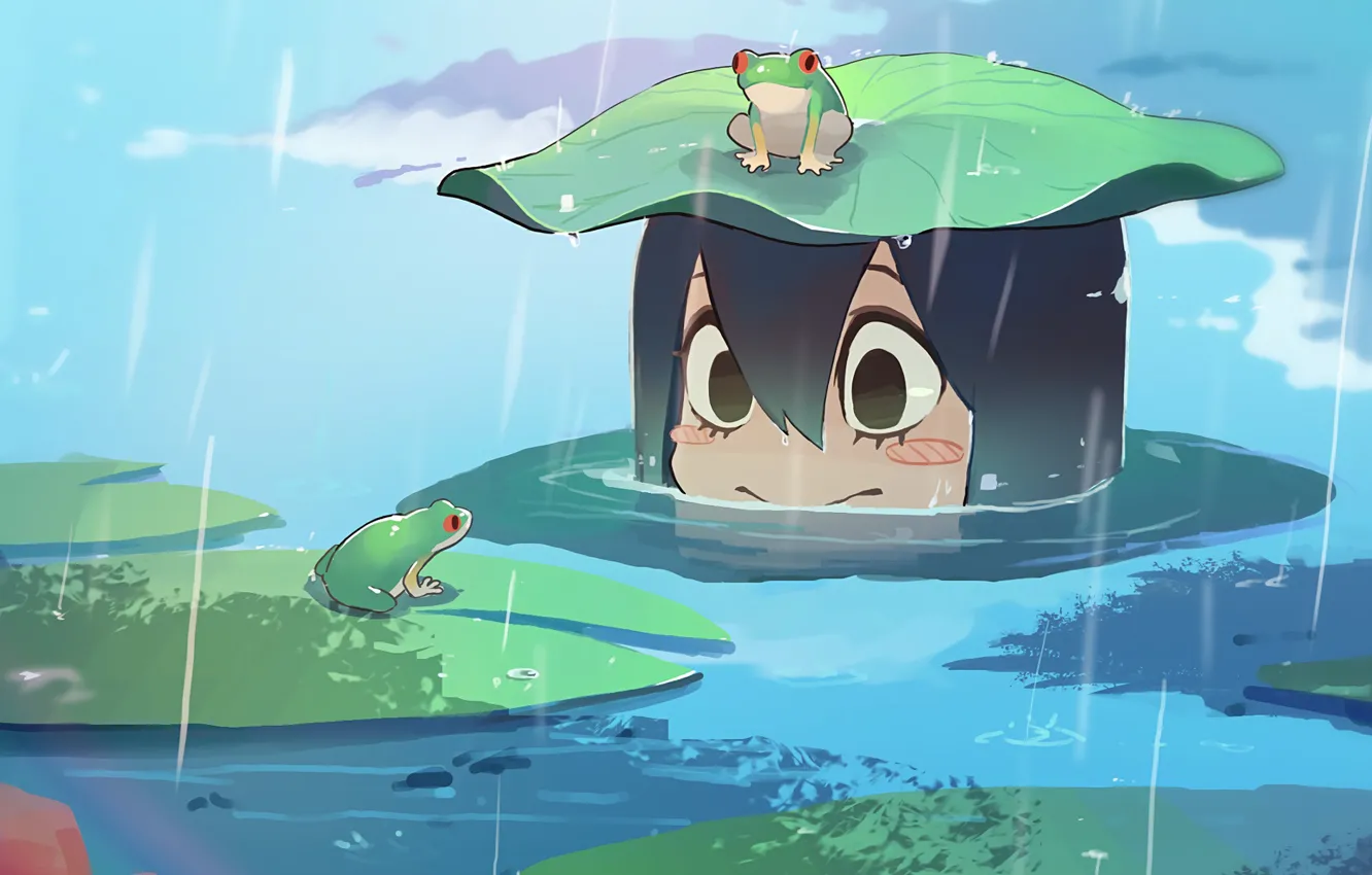 Фото обои girl, rain, frog, smile, anime, water, cute, frogs