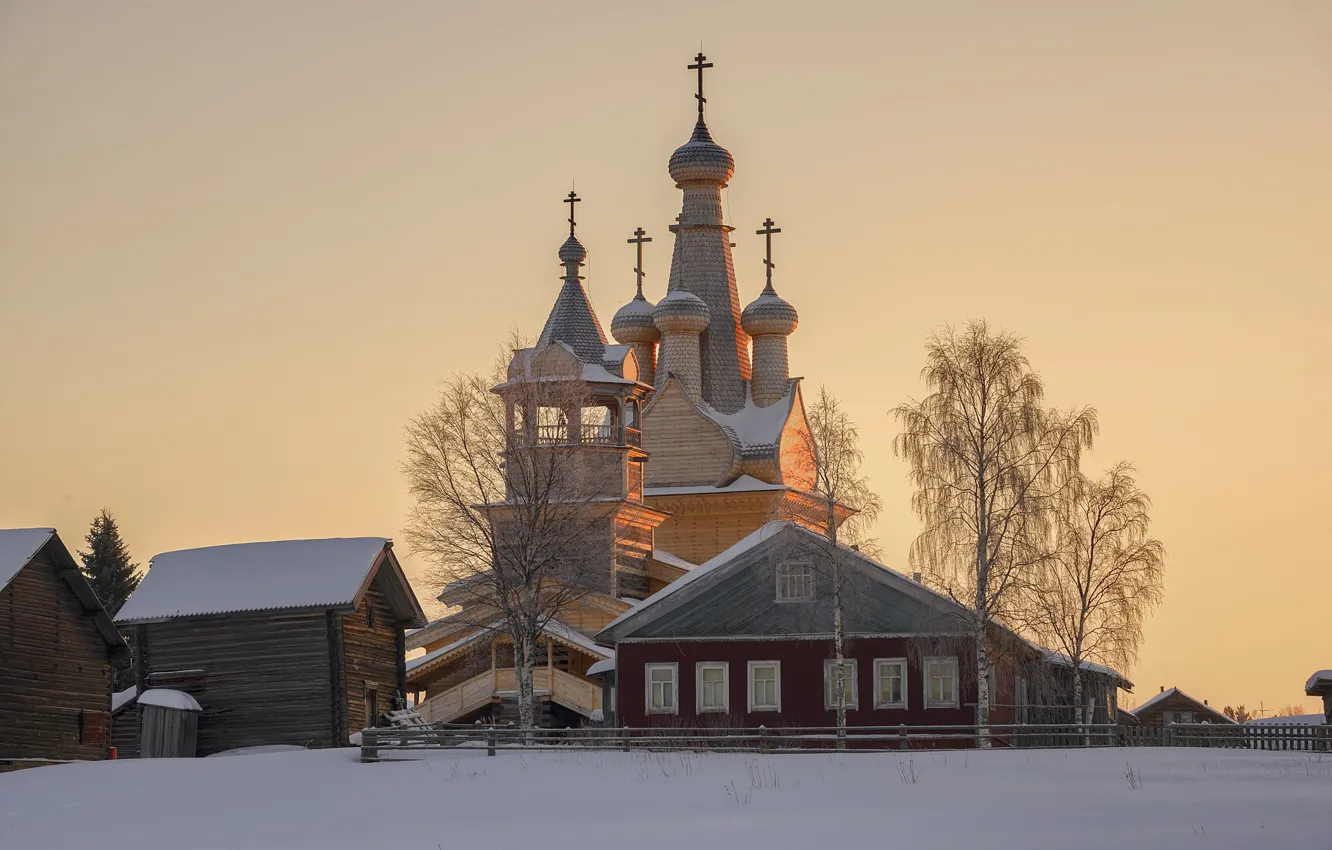 Фото обои деревня, церковь, Архангельская область, Кимжа
