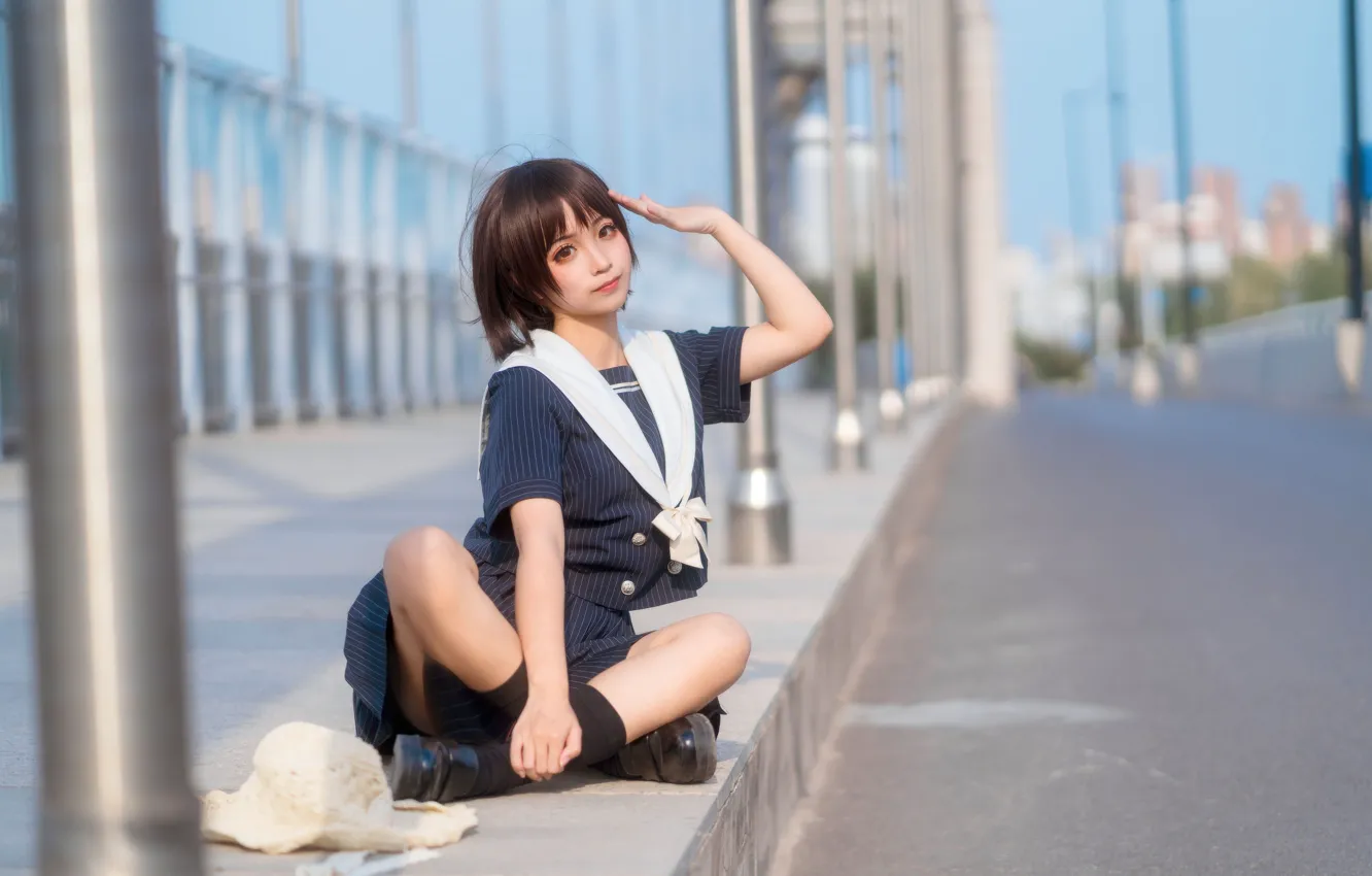 Фото обои взгляд, азиатка, жест, униформа, look, милая девушка, cute girl, uniform