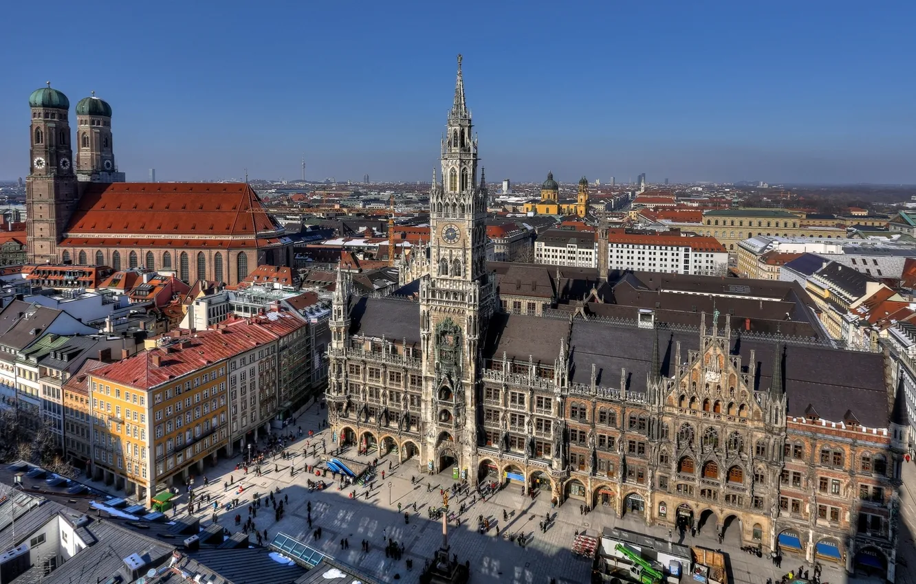 Фото обои Германия, Мюнхен, Бавария, Germany, Munich, Bavaria, Marienplatz, Новая ратуша