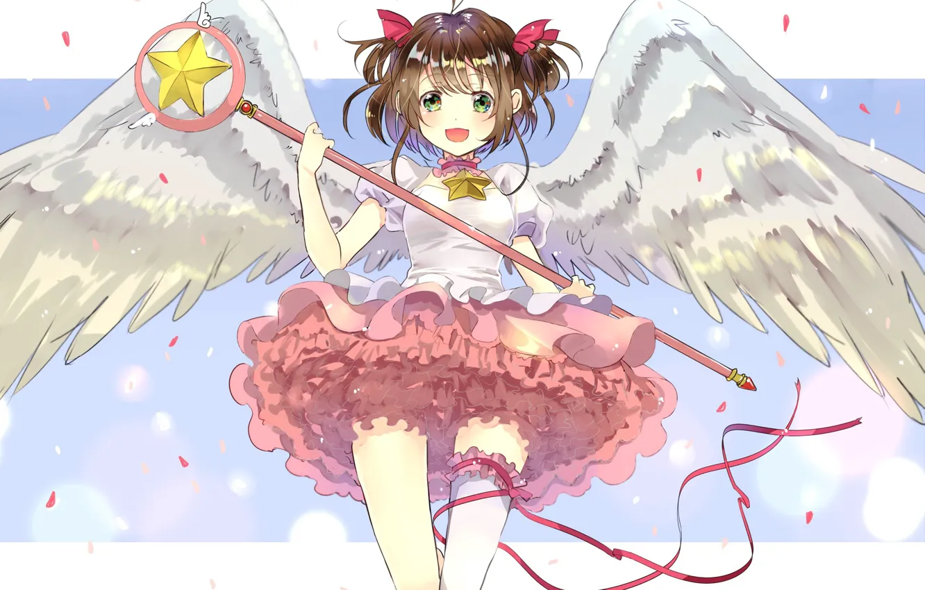 Фото обои улыбка, крылья, ангел, девочка, жезл, Card Captor Sakura, Сакура - собирательница карт