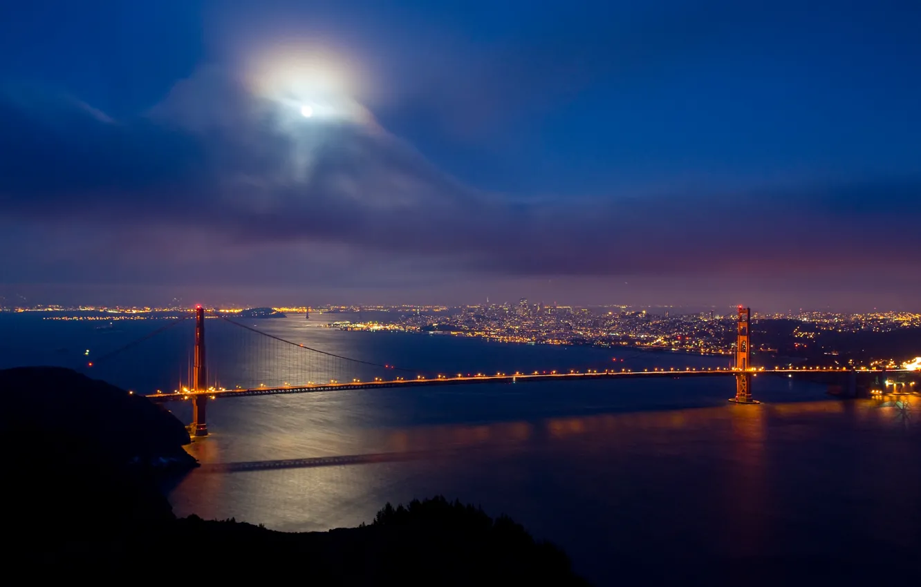 Фото обои облака, мост, Луна, San Francisco, Golden Gate