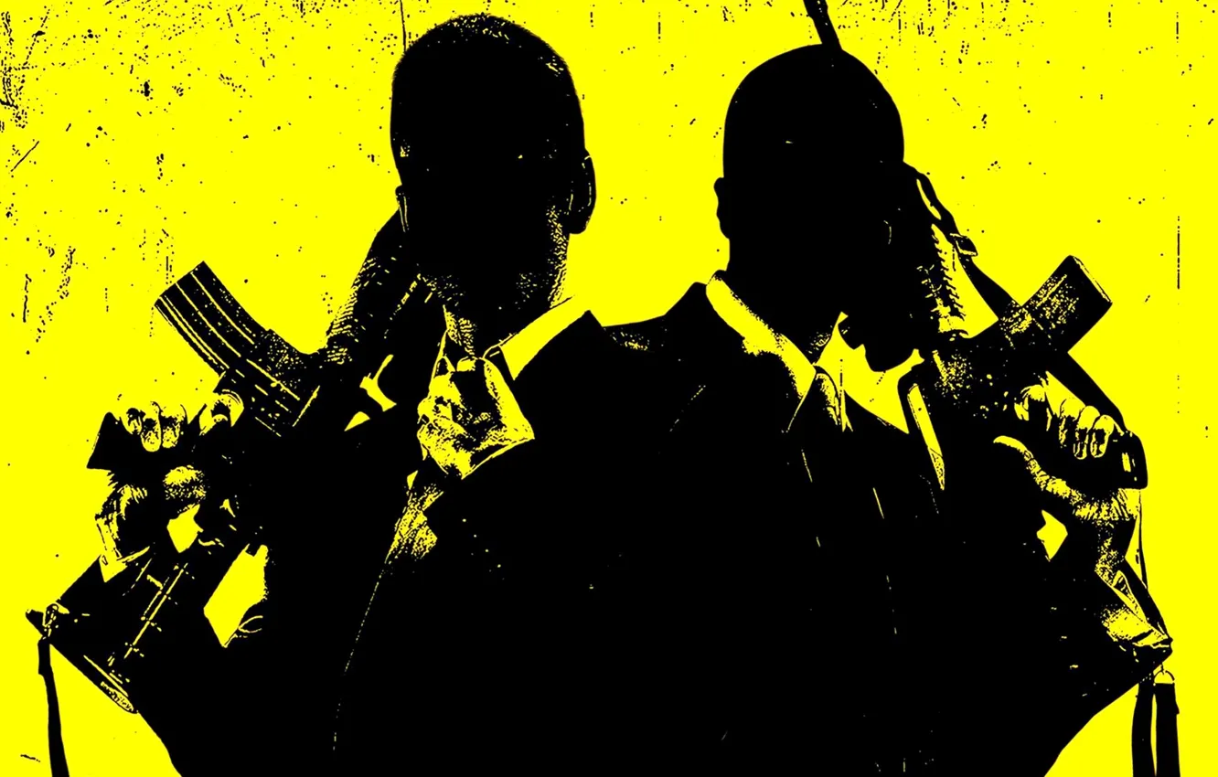 Фото обои оружие, стволы, пушки, костюм, мужики, желтый фон, убийцы, автоматы