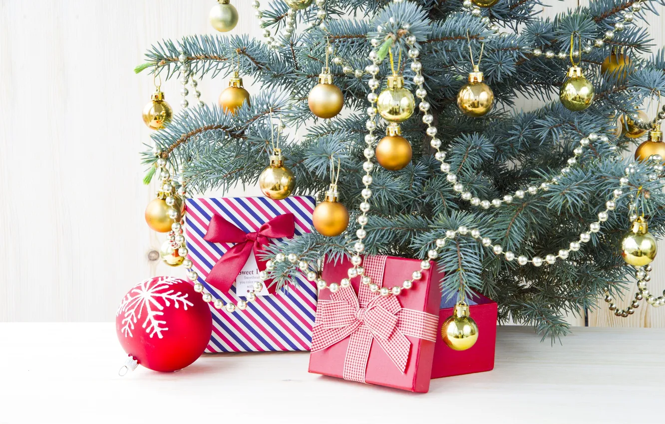 Фото обои украшения, праздник, игрушки, новый год, подарки, ёлка, коробки