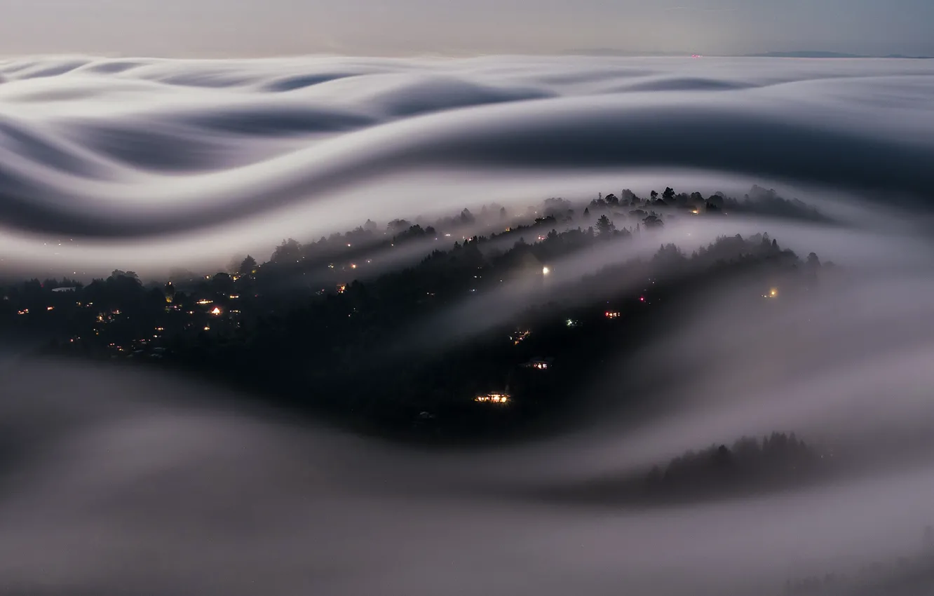 Фото обои облака, огни, туман, вечер, Калифорния, США